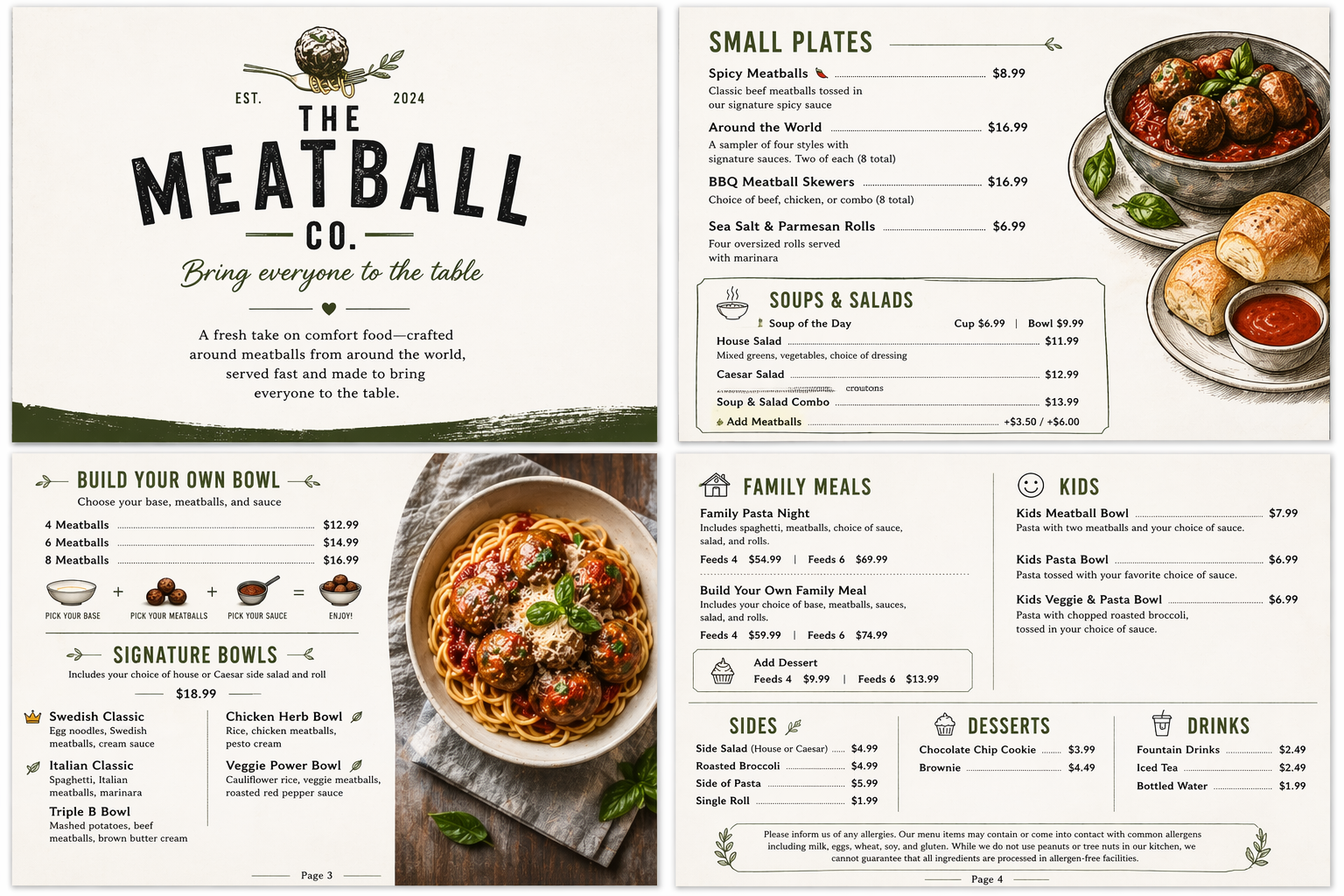 Small plates and family meals menu spread