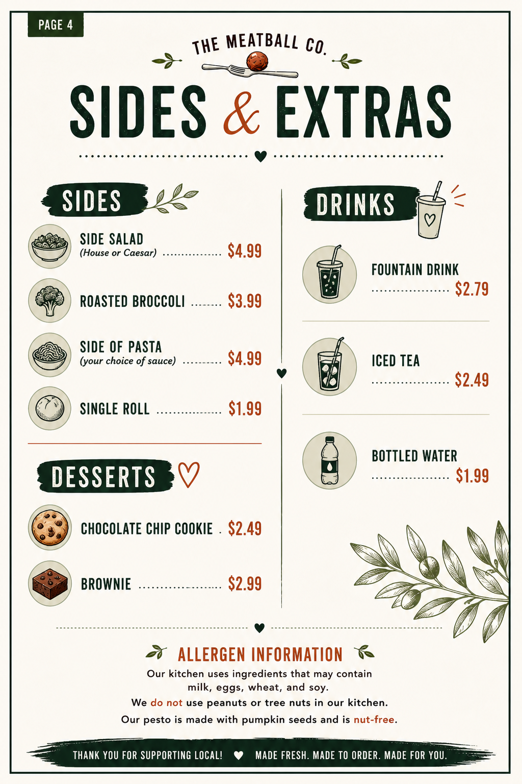 Sides, desserts, and drinks page